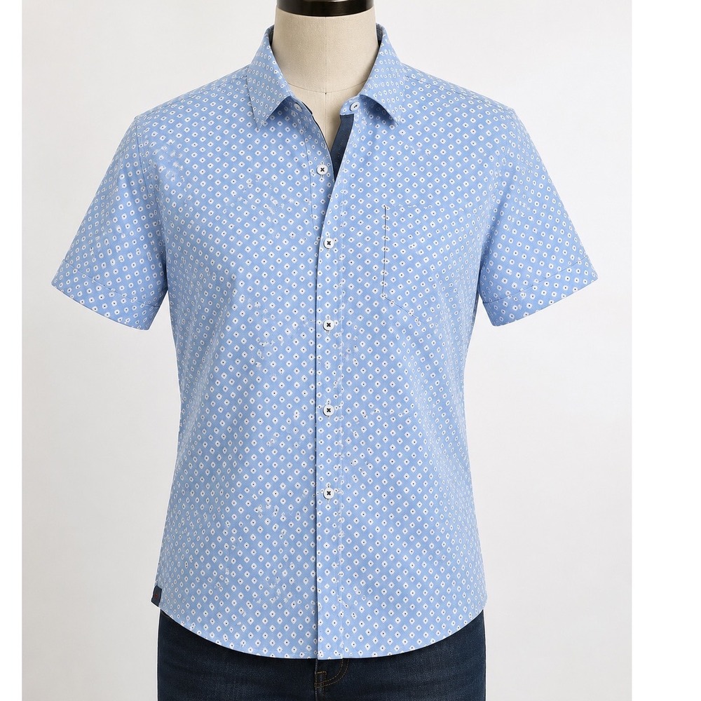 Nickel & Iron Blue Geometric Diamond Print Short Sleeve Button Down Shirt Large